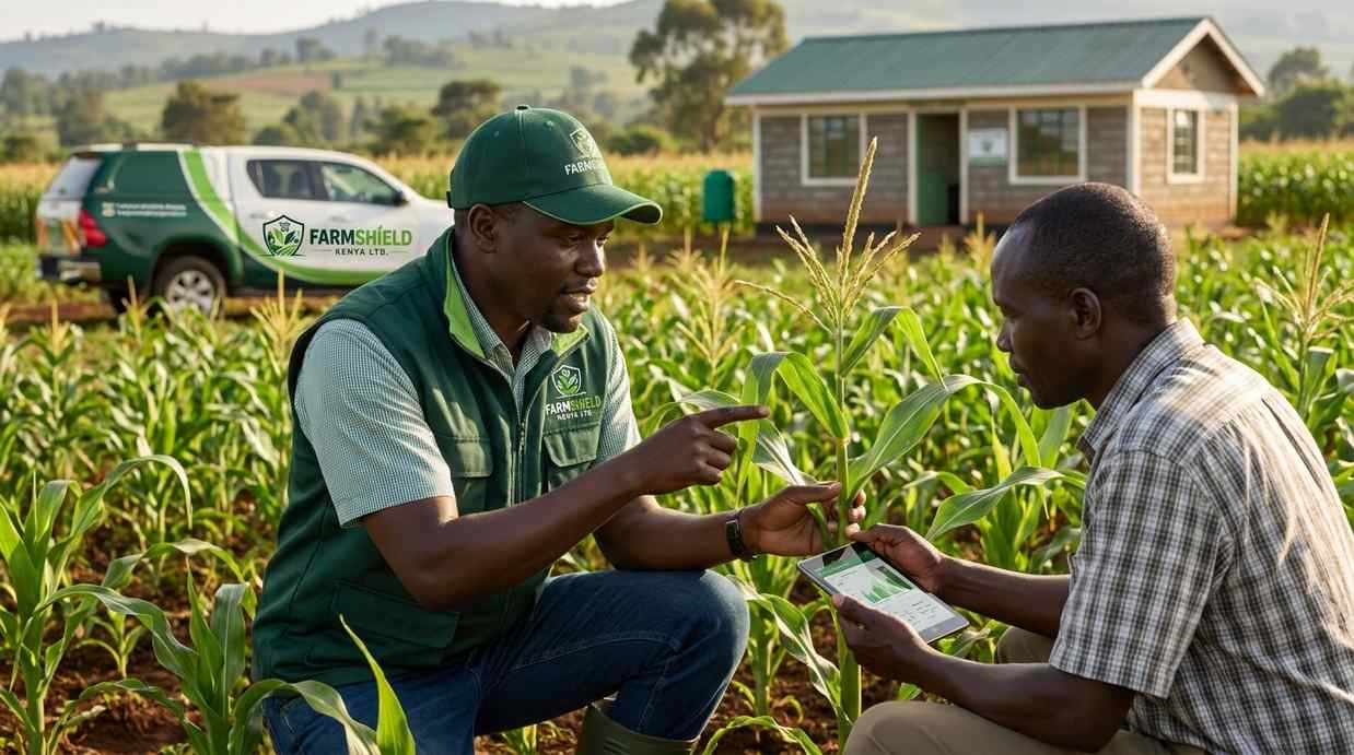 FarmShield field agent inspecting crops with a tablet